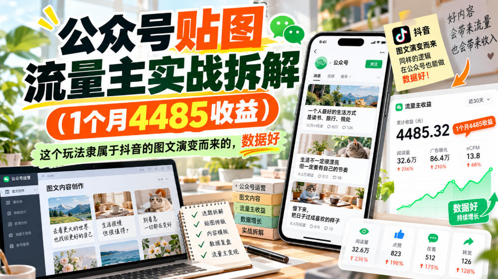 公众号贴图流量主实战拆解(1个月4485收益)，这个玩法隶属于抖音的图文演变而来的，数据好-伊亚库