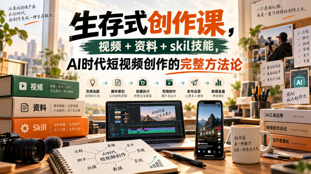 生存式创作课，视频+资料+skil技能，ai时代短视频创作的完整方法论-伊亚库