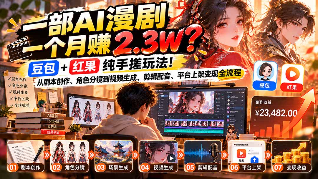 一部AI漫剧一个月赚2.3W？豆包+红果纯手搓玩法！从剧本创作、角色分镜到视频生成、剪辑配音、平台上架变现全流程-伊亚库