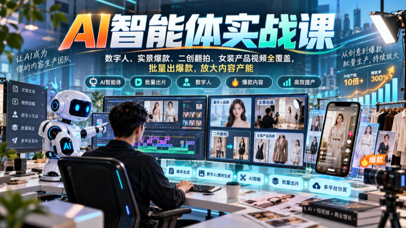 AI智能体实战课，数字人、实景爆款、二创翻拍、女装产品视频全覆盖，批量出爆款，放大内容产能-伊亚库