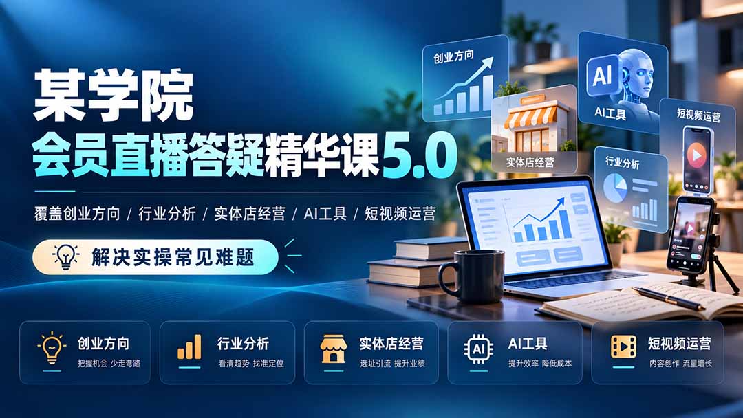 某学院会员直播答疑精华课5.0：覆盖创业方向、行业分析、实体店经营、AI工具和短视频运营，解决实操常见难题！-伊亚库