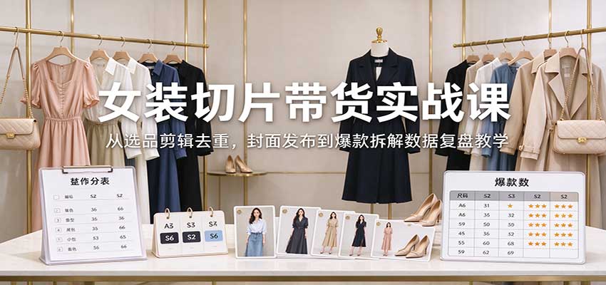 女装切片带货实战课：从选品剪辑去重，封面发布到爆款拆解数据复盘教学-伊亚库
