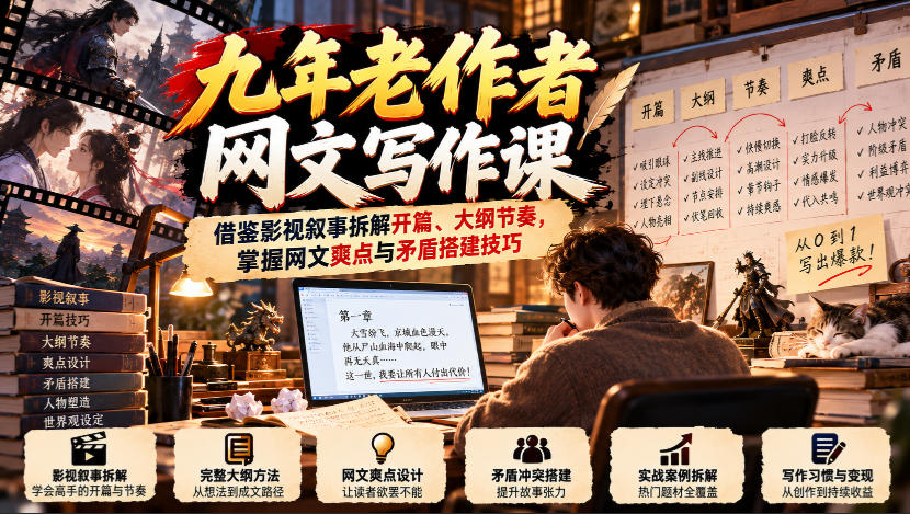 九年老作者网文写作课：借鉴影视叙事拆解开篇、大纲节奏，掌握网文爽点与矛盾搭建技巧-伊亚库