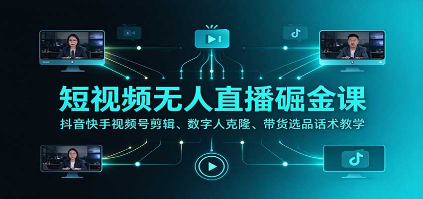 短视频无人直播掘金课：抖音快手视频号剪辑、数字人克隆、带货选品话术教学-伊亚库