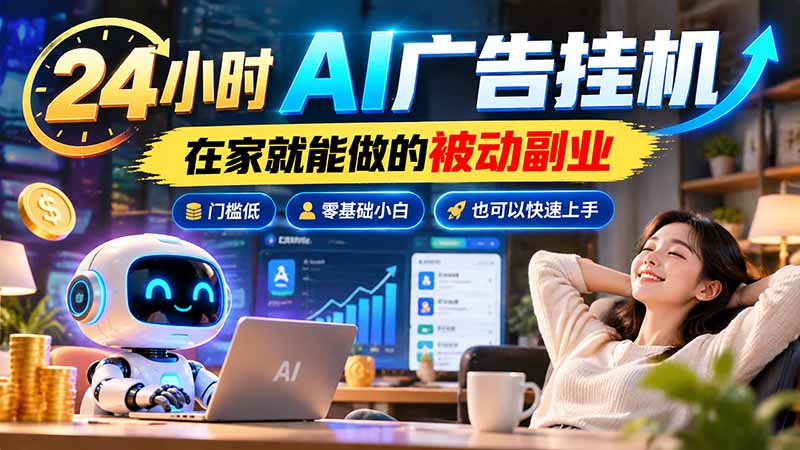 24小时AI广告挂机｜在家就能做的被动副业，门槛低，零基础小白也可以快速上手-伊亚库