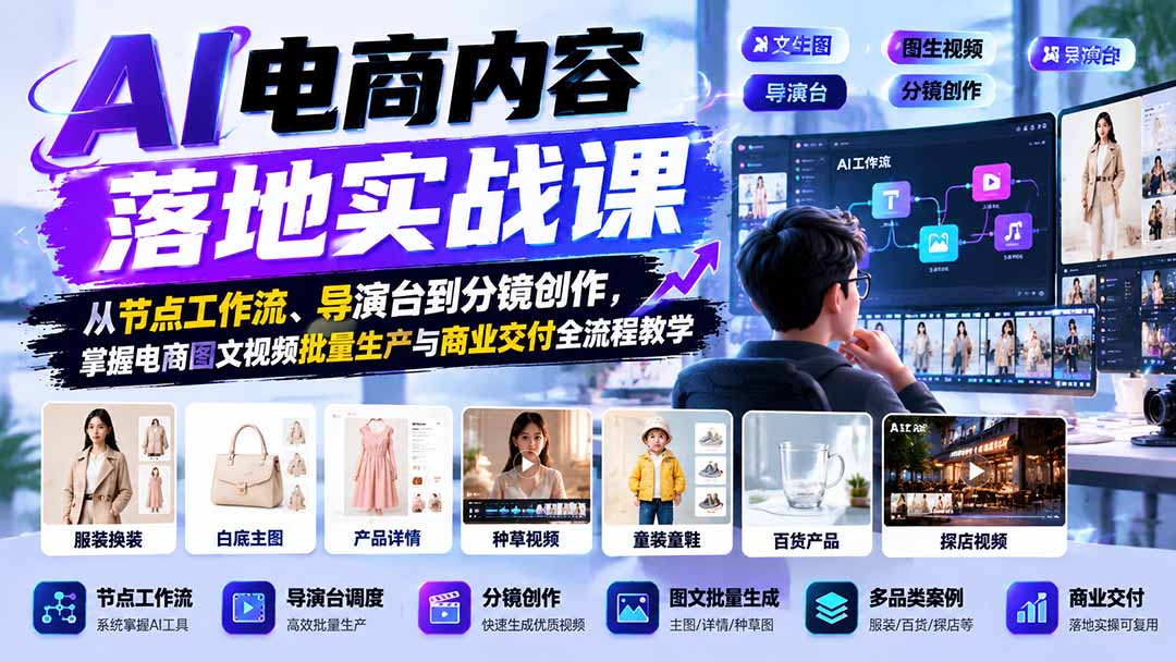 AI电商内容落地实战课：从节点工作流、导演台到分镜创作，掌握电商图文视频批量生产与商业交付全流程教学-伊亚库