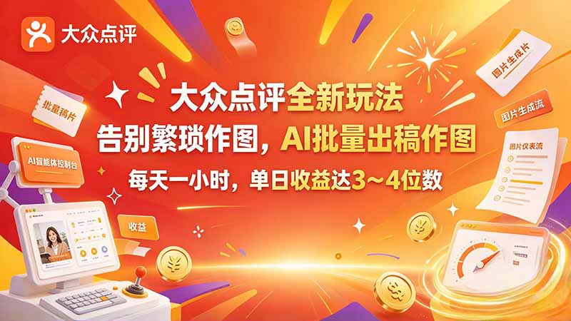 大众点评全新玩法，不用繁琐作图，AI 批量出稿作图，每天一小时，单日收益达 3～4 位数-伊亚库