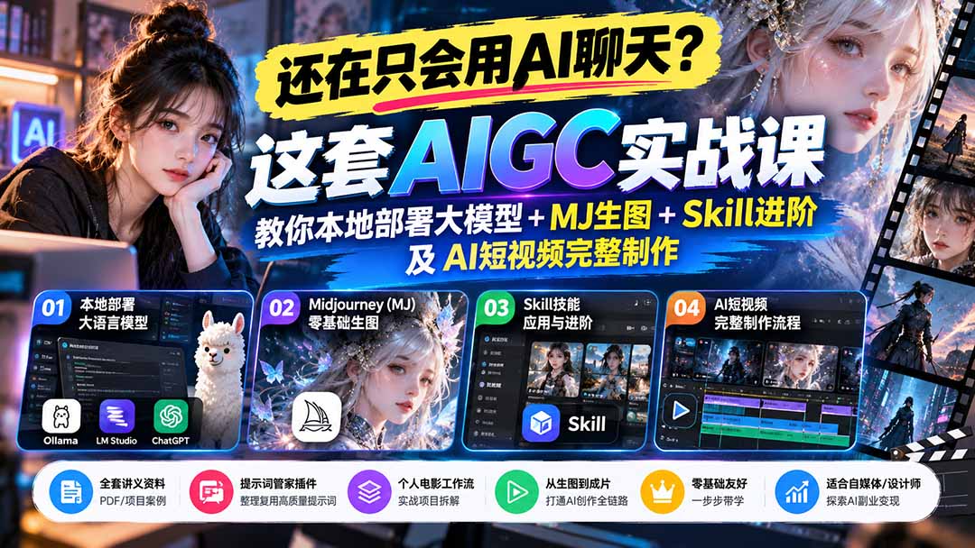 【无水印】还在只会用AI聊天？这套AIGC实战课教你本地部署大模型+MJ生图+Skill进阶及AI短视频完整制作-伊亚库