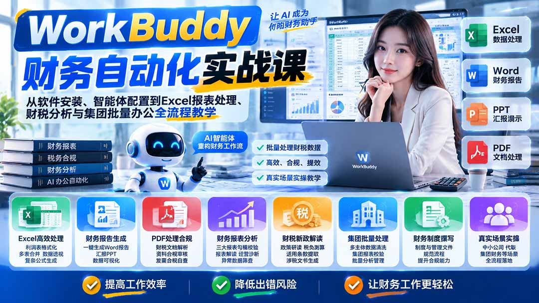 WorkBuddy财务自动化实战课:从软件安装、智能体配置到Excel报表处理、财税分析与集团批量办公全流程教学-伊亚库