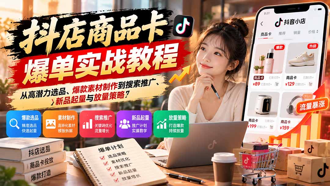抖店商品卡爆单实战教程：从高潜力选品、爆款素材制作到搜索推广、新品起量与放量策略-伊亚库