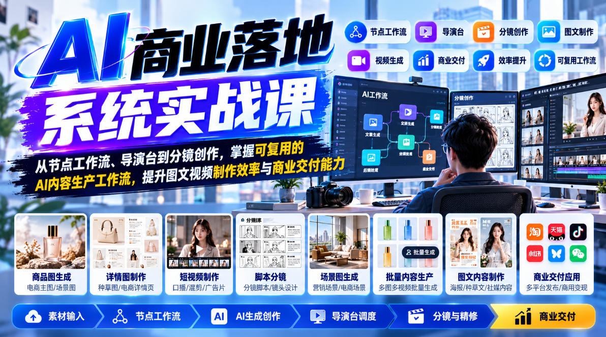 【无水印】AI商业落地系统实战课，从节点工作流、导演台到分镜创作，掌握可复用的AI内容生产工作流，提升图文视频制作效率与商业交付能力-伊亚库