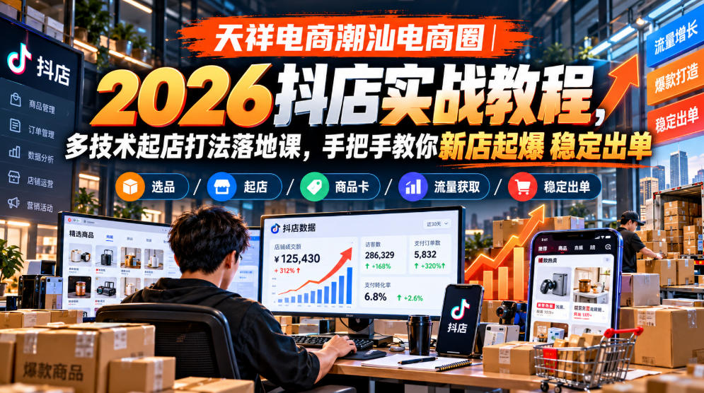天祥电商潮汕电商圈｜2026抖店实战教程，多技术起店打法落地课，手把手教你新店起爆稳定出单-伊亚库