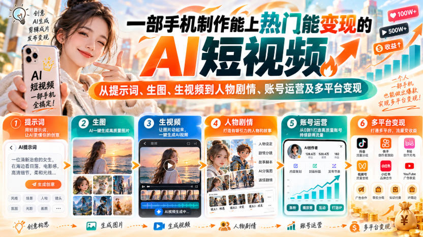 【无水印】一部手机制作能上热门能变现的AI短视频，从提示词、生图、生视频到人物剧情、账号运营及多平台变现(更新)-伊亚库