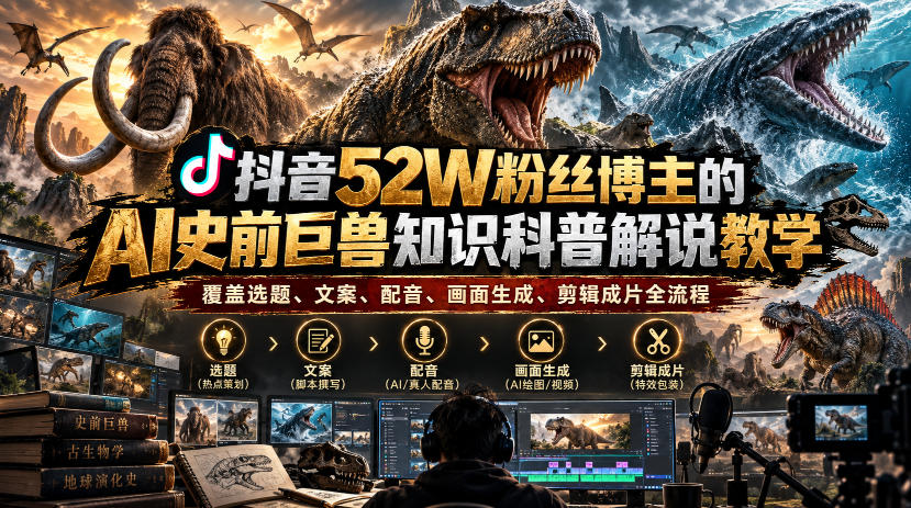 抖音52W粉丝博主的AI史前巨兽知识科普解说教学，覆盖选题、文案、配音、画面生成、剪辑成片全流程-伊亚库