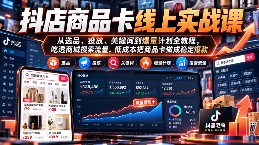 抖店商品卡线上实战课｜从选品、投放、关键词到爆量计划全教程，吃透商城搜索流量，低成本把商品卡做成稳定爆款-伊亚库