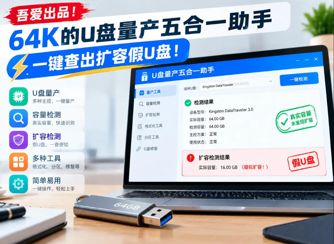 吾爱出品！64K的U盘量产五合一助手，一键查出扩容假U盘！-伊亚库