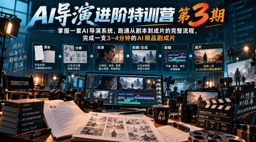 AI导演进阶特训营第3期，掌握一套AI导演系统，跑通从剧本到成片的完整流程，完成一支3~4分钟的AI精品剧成片(附1、2期)-伊亚库