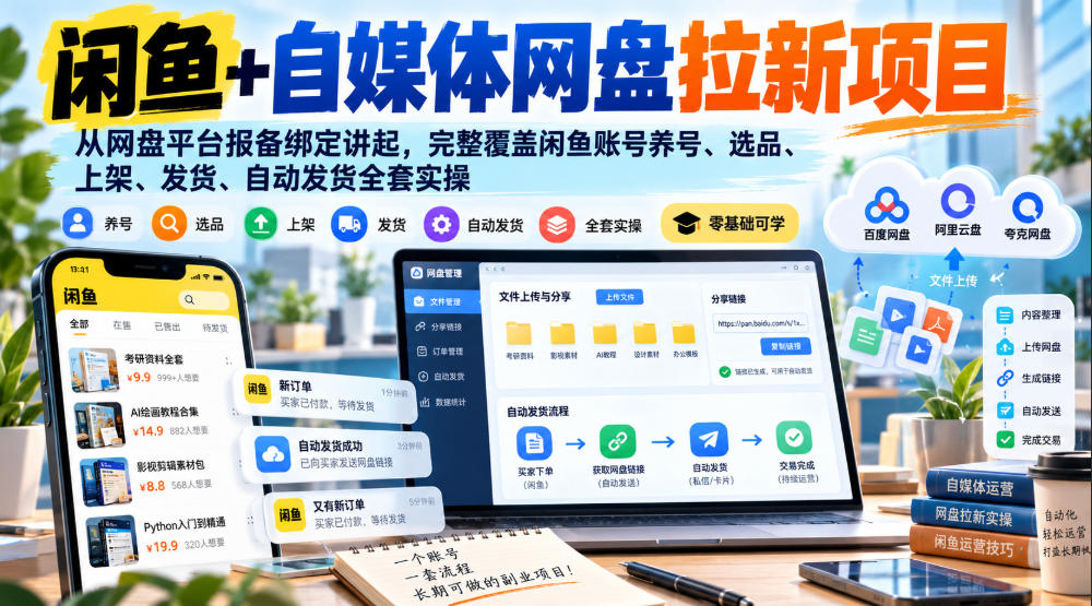 闲鱼+自媒体网盘拉新项目，从网盘平台报备绑定讲起，完整覆盖闲鱼账号养号、选品、上架、发货、自动发货全套实操-伊亚库