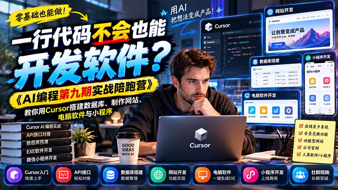 一行代码不会也能开发软件？《AI编程第九期实战陪跑营》教你用Cursor搭建数据库、制作网站、电脑软件与小程序-伊亚库