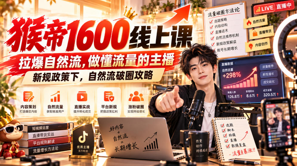 猴帝1600线上课，拉爆自然流，做懂流量的主播，新规政策下，自然流破圈攻略【更新261023】-伊亚库