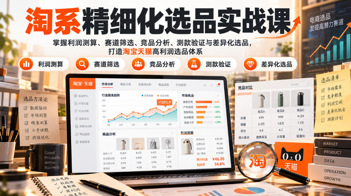 货架电商精细化选品实战课：掌握利润测算、赛道筛选、竞品分析、测款验证与差异化选品，打造淘宝天猫高利润选品体系-伊亚库
