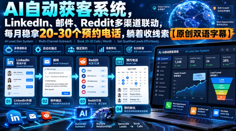【无水印】AI自动获客系统，LinkedIn、邮件、Reddit多渠道联动，每月稳拿20-30个预约电话，躺着收线索【原创双语字幕】-伊亚库