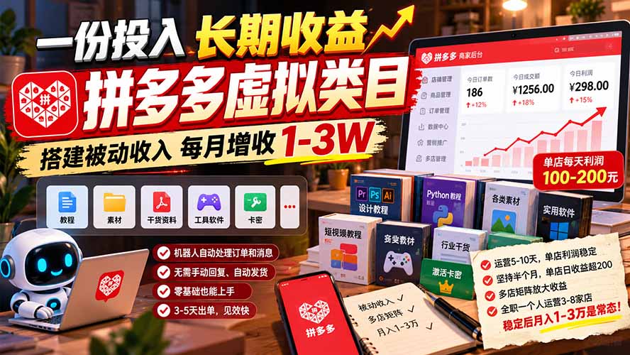 一份投入长期收益，拼多多虚拟类目，搭建被动收入每月增收 1-3W-伊亚库