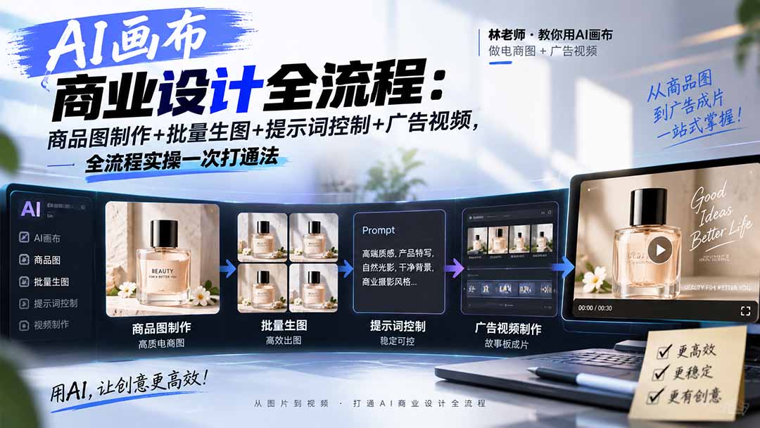 AI画布商业设计全流程-更新1026：商品图制作+批量生图+提示词控制+广告视频，全流程实操一次打通法-伊亚库