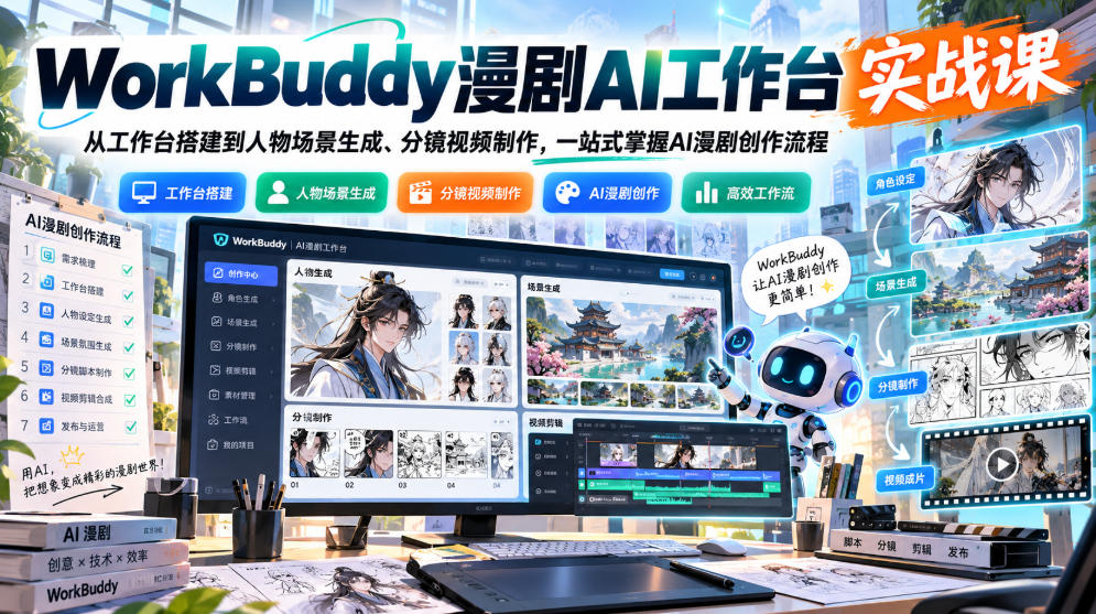 WorkBuddy漫剧AI工作台实战课：从工作台搭建到人物场景生成、分镜视频制作，一站式掌握AI漫剧创作流程-伊亚库