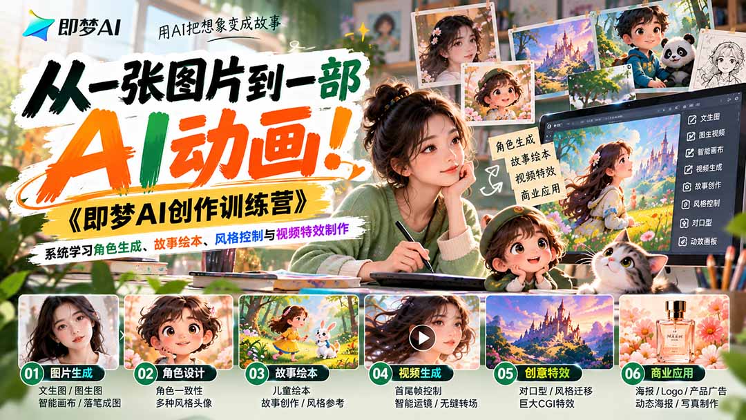 【无水印】从一张图片到一部AI动画！《即梦AI创作训练营》系统学习角色生成、故事绘本、风格控制与视频特效制作-伊亚库