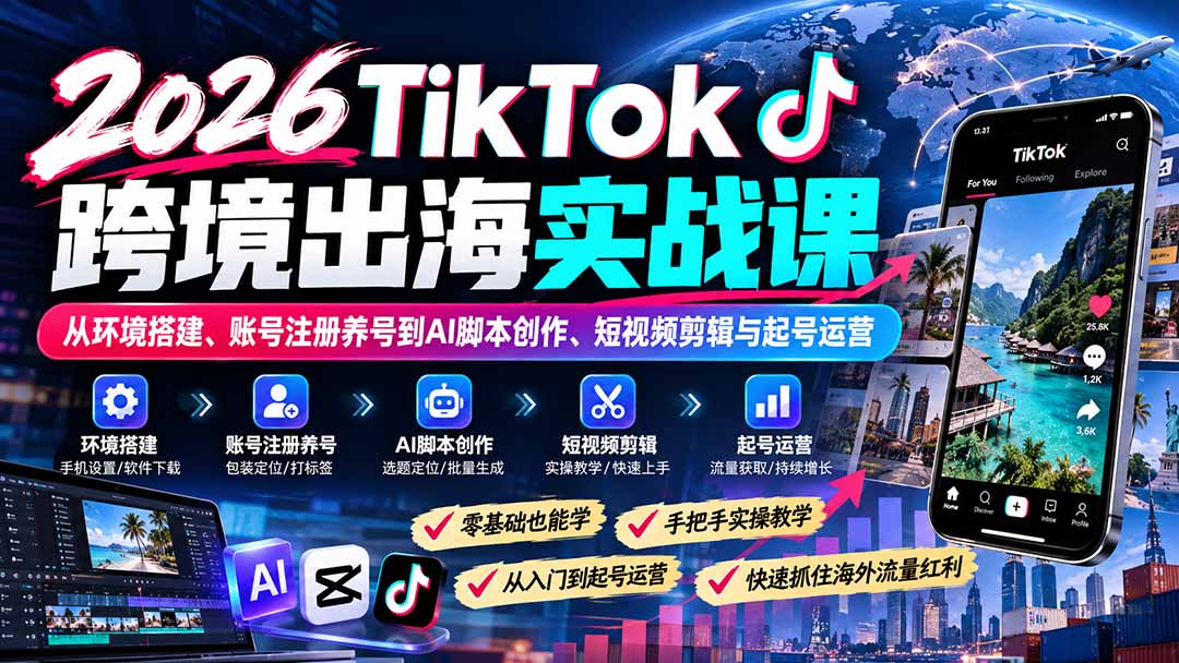 2026TikTok跨境出海实战课：从环境搭建、账号注册养号到AI脚本创作、短视频剪辑与起号运营-伊亚库