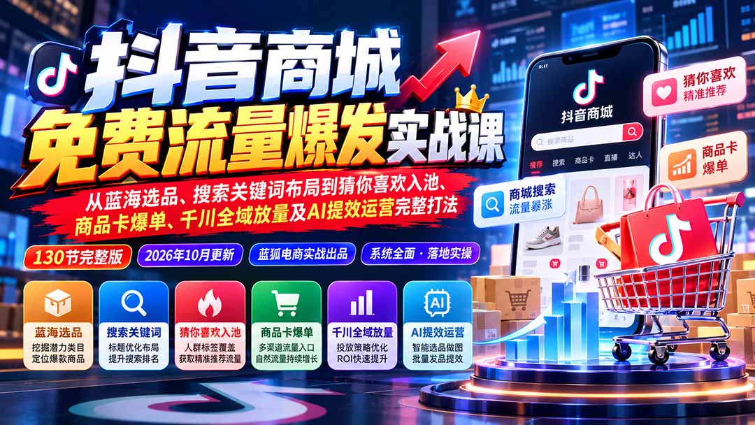 抖店城免费流量爆发实战-更新：蓝海选品、搜索关键词布局到猜你喜欢入池、商品卡爆单、千川全域放量及AI提效完整打法-伊亚库