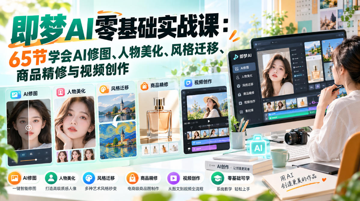 即梦AI零基础实战课：65节学会AI修图、人物美化、风格迁移、商品精修与视频创作-伊亚库