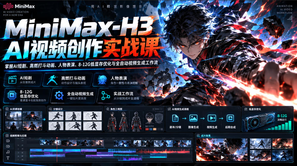 MiniMax-H3 AI视频创作实战课，掌握AI短剧、高燃打斗动画、人物表演、8-12G低显存优化与全自动视频生成工作流-伊亚库