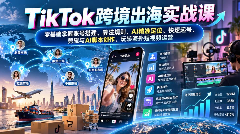 TikTok跨境出海实战课：零基础掌握账号搭建、算法规则、AI精准定位、快速起号、剪辑与AI脚本创作，玩转海外短视频运营-伊亚库