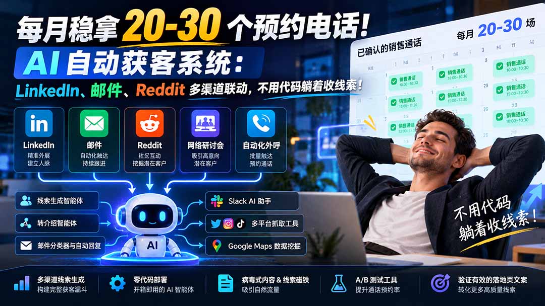每月稳拿 20-30 个预约电话！AI 自动获客系统：LinkedIn、邮件、Reddit 多渠道联动，不用代码躺着收线索！-伊亚库