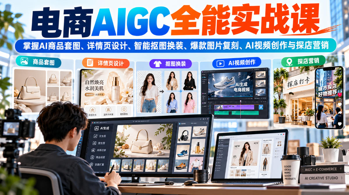 电商AIGC全能实战课：掌握AI商品套图、详情页设计、智能抠图换装、爆款图片复刻、AI视频创作与探店营销-伊亚库