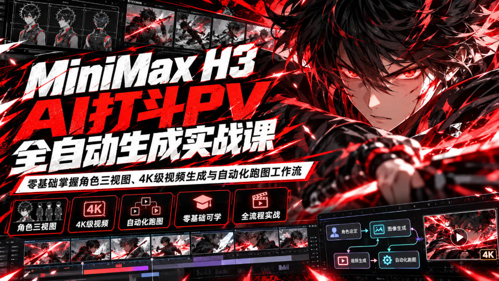 MiniMax H3 AI打斗PV全自动生成实战课：零基础掌握角色三视图、4K级视频生成与自动化跑图工作流-伊亚库