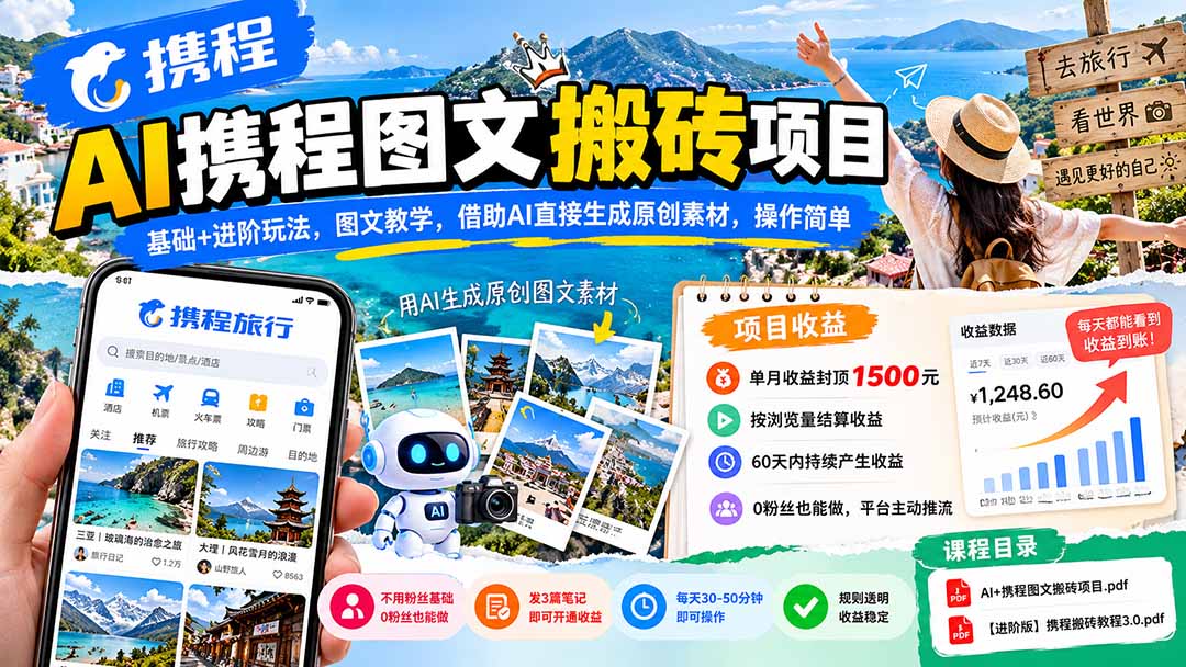 AI携程图文搬砖项目，基础+进阶玩法，图文教学，借助AI直接生成原创素材，操作简单-伊亚库