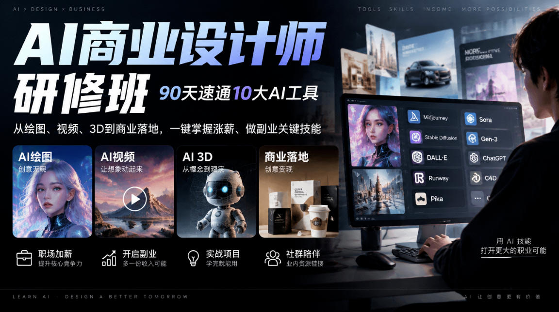 AI商业设计师研修班，90天速通10大AI工具，从绘图、视频、3D到商业落地，一键掌握涨薪、做副业关键技能-伊亚库