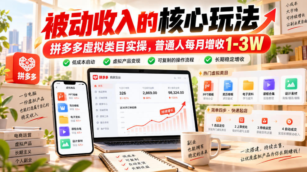 被动收入的核心玩法，拼多多虚拟类目实操，普通人每月增收1-3W【揭秘】-伊亚库