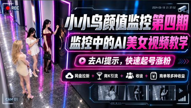 小小鸟颜值监控第四期，监控中的AI美女视频教学，去AI提示，快速起号涨粉，网盘拉新+商K引流+收徒+商单等多种收益-伊亚库
