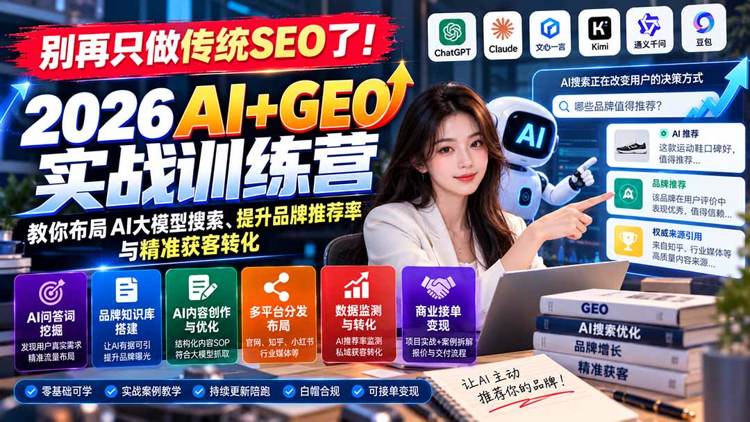 别再只做传统SEO了！《2026AI+GEO实战训练营》教你布局AI大模型搜索、提升品牌推荐率与精准获客转化-伊亚库