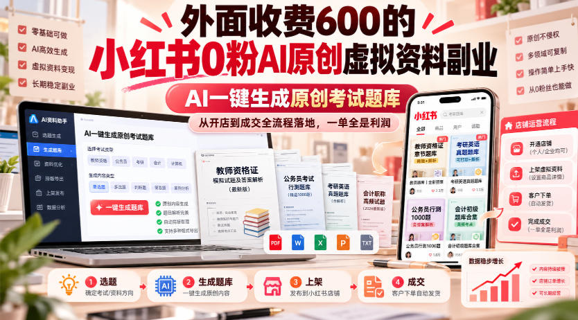 外面收费600的小红书0粉AI原创虚拟资料副业，AI一键生成原创考试题库，从开店到成交全流程落地，一单全是利润-伊亚库