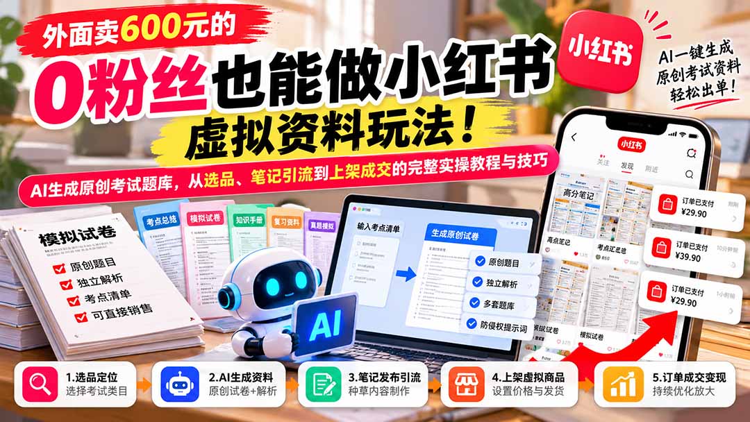 外面卖600元的 零粉丝也能做小红书虚拟资料玩法！AI生成原创考试题库，从选品、笔记引流到上架成交的完整实操教程-伊亚库