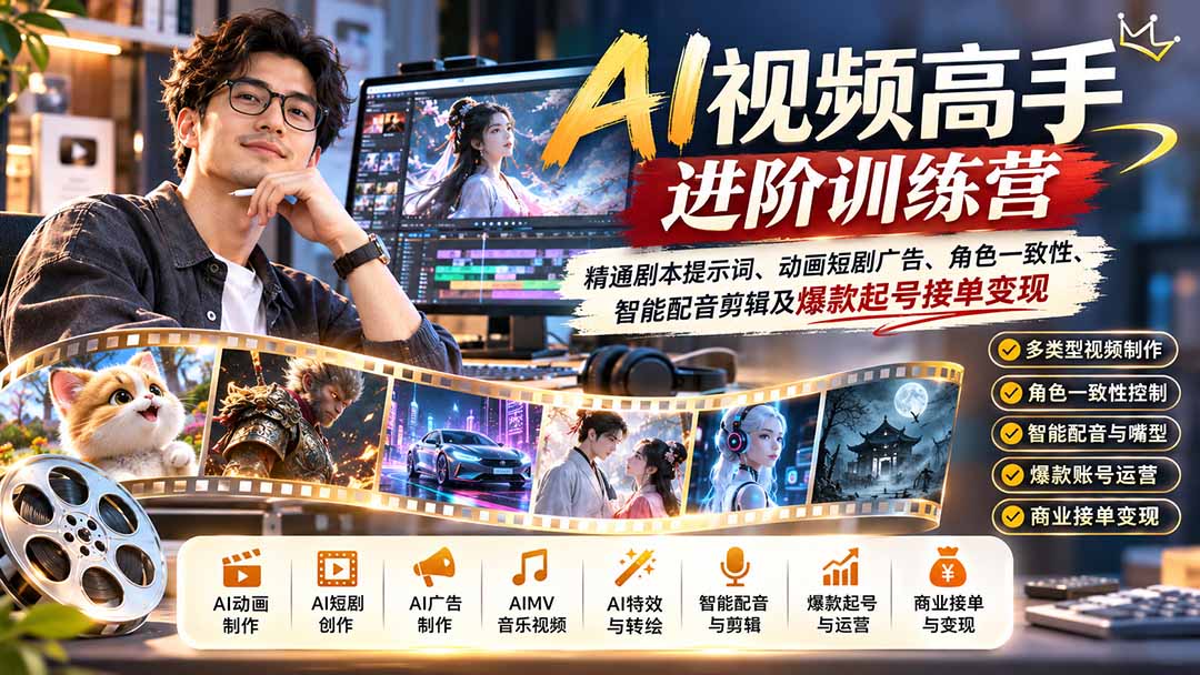 AI视频高手进阶训练营：精通剧本提示词、动画短剧广告、角色一致性、智能配音剪辑及爆款起号接单变现-伊亚库