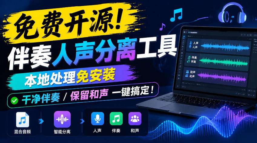 免费开源！伴奏人声分离工具，本地处理免安装，干净伴奏，保留和声一键搞定！-伊亚库