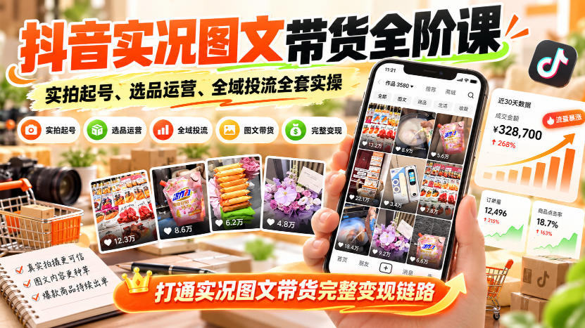 抖音实况图文带货全阶课｜实拍起号、选品运营、全域投流全套实操，打通实况图文带货完整变现链路-伊亚库