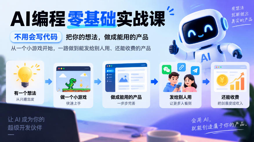 AI编程零基础实战课，不用会写代码，把你的想法，做成能用的产品，从一个小游戏开始，一路做到能发给别人用、还能收费的产品-伊亚库