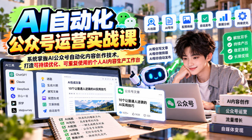 AI自动化公众号运营实战课，系统掌握AI公众号自动化内容创作技术，打造可持续优化、可重复使用的个人AI内容生产工作台-伊亚库